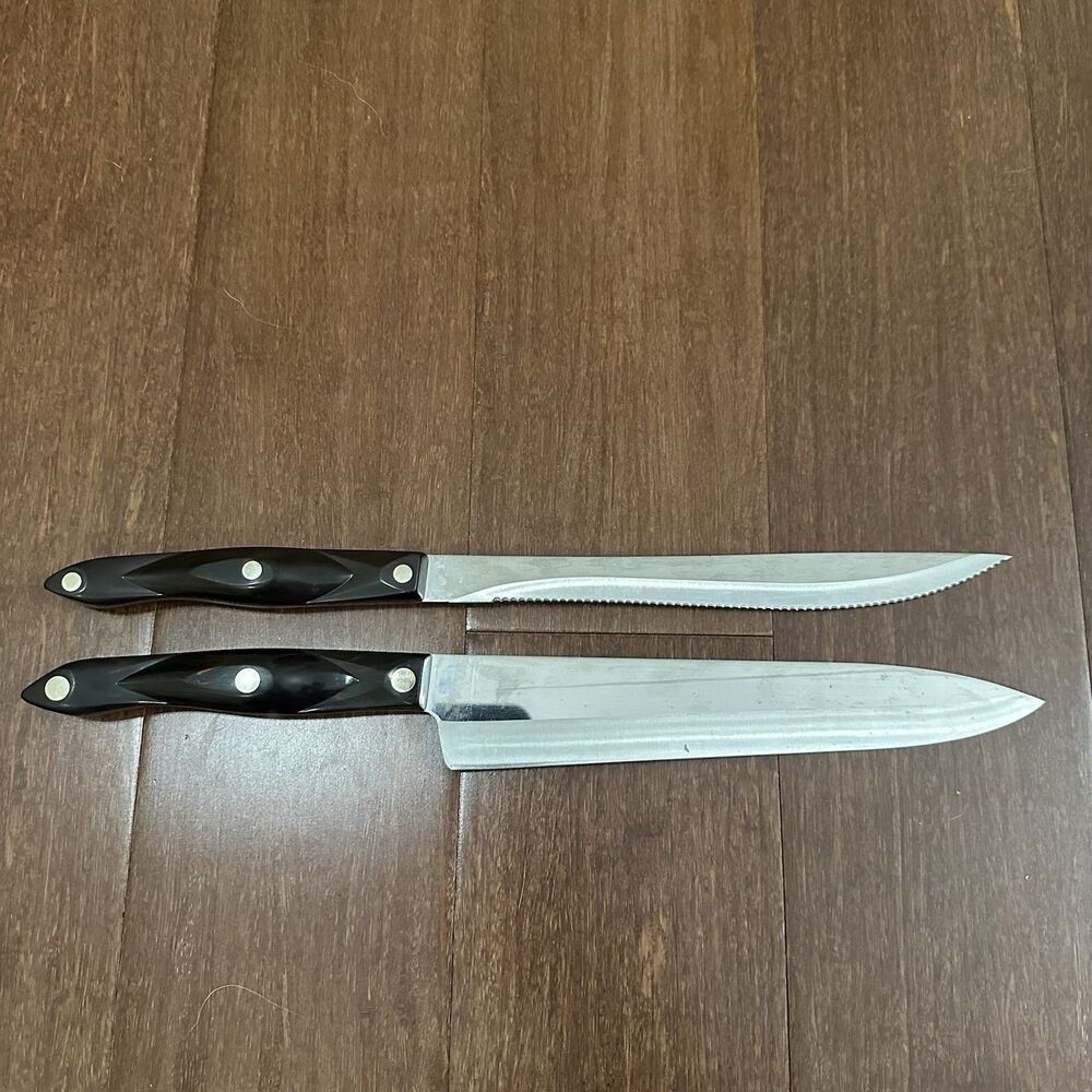 CUTCO 1725 French Chefs Knife 1723 Serrated Carving Knife 9” Brown Handle USA - Picture 10 of 16